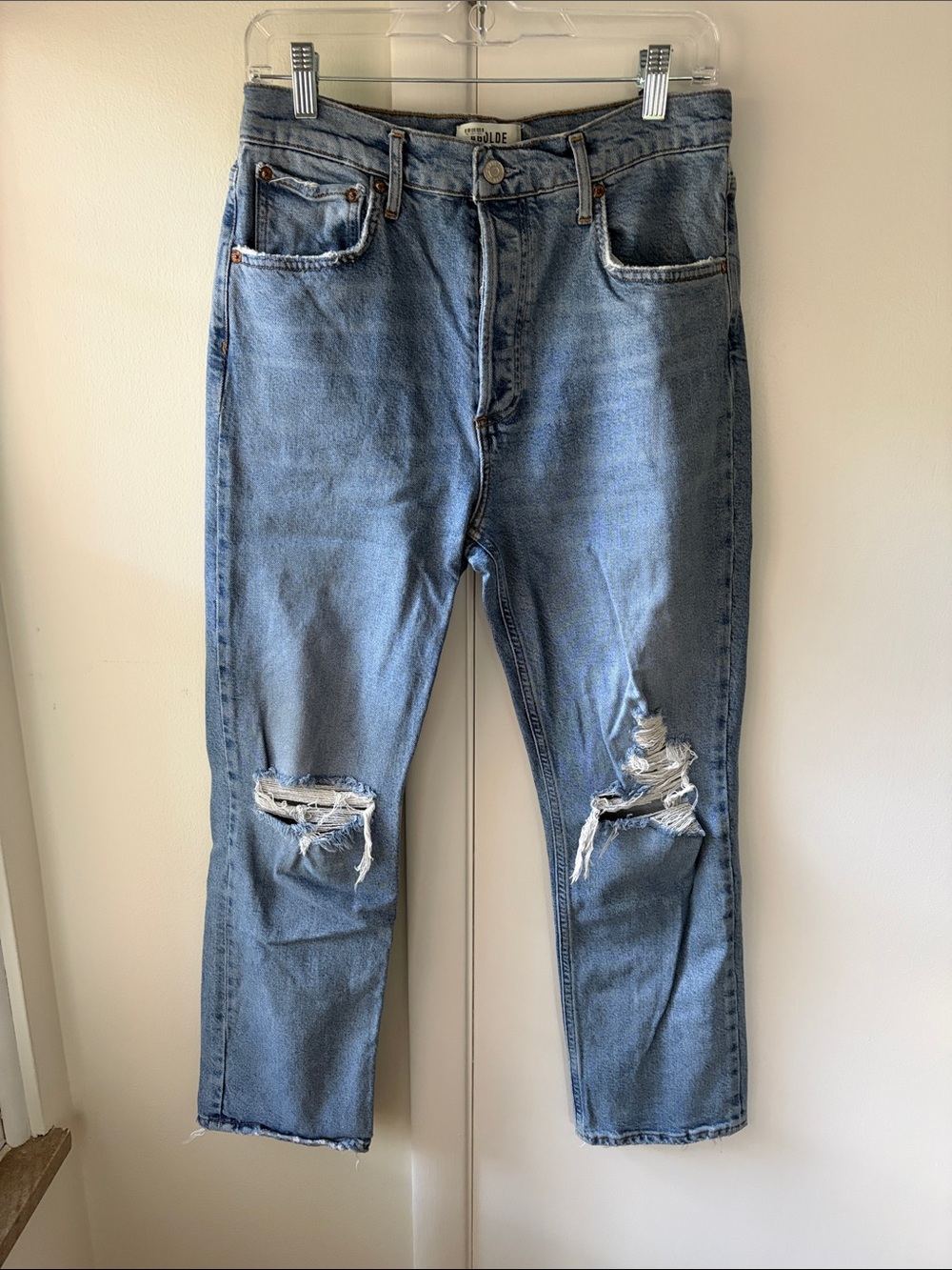 AGOLDE Light Wash Straight Jeans with Knee Rips - Picture 2 of 3